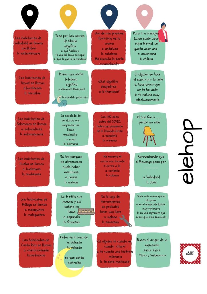 Tablero Elehop sobre frases con lugares, modismos y frases con nacionalidades